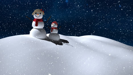 Snow-falling-over-snowwoman-and-baby-snowman-on-winter-landscape-against-shining-stars-in-night-sky