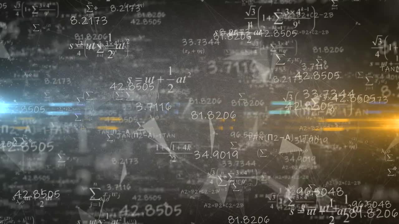 Four frames of dynamic digital patterns with numbers and equations