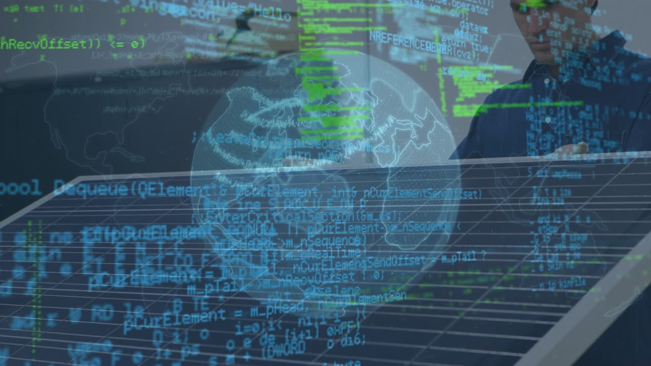 지구를 가로질러 데이터 처리의 애니메이션 태양 전력 발전소에서 일하는 카우카스 엔지니어