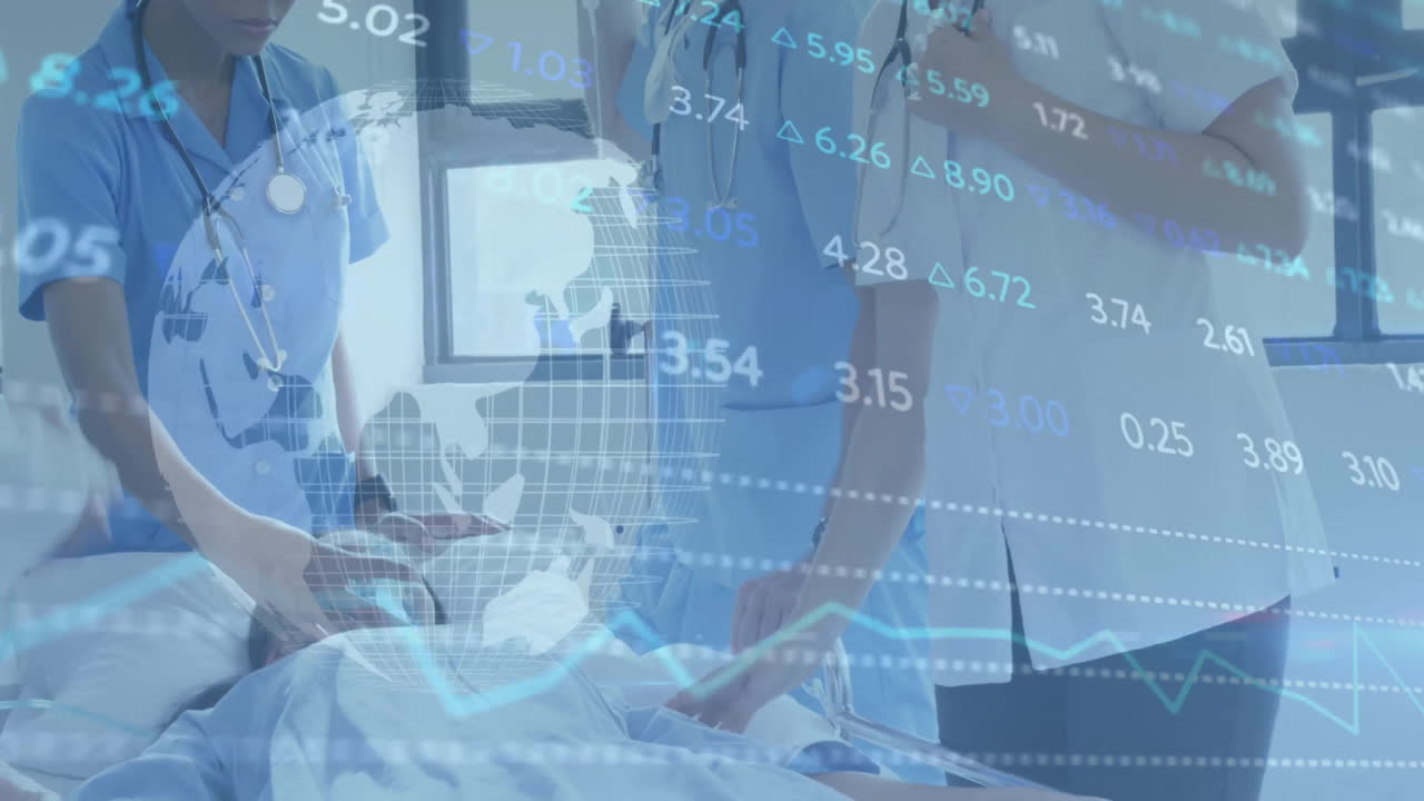 Animation of data processing and globe over diverse doctors with patient in hospital