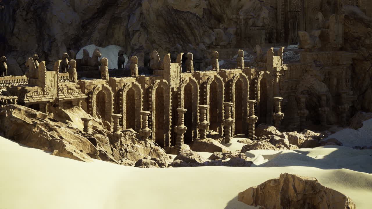 Antiche rovine emergono dalle sabbie dorate in un paesaggio desertico