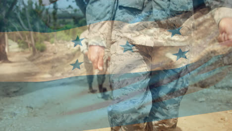 animation of flag of honduras waving over caucasian soldiers marching