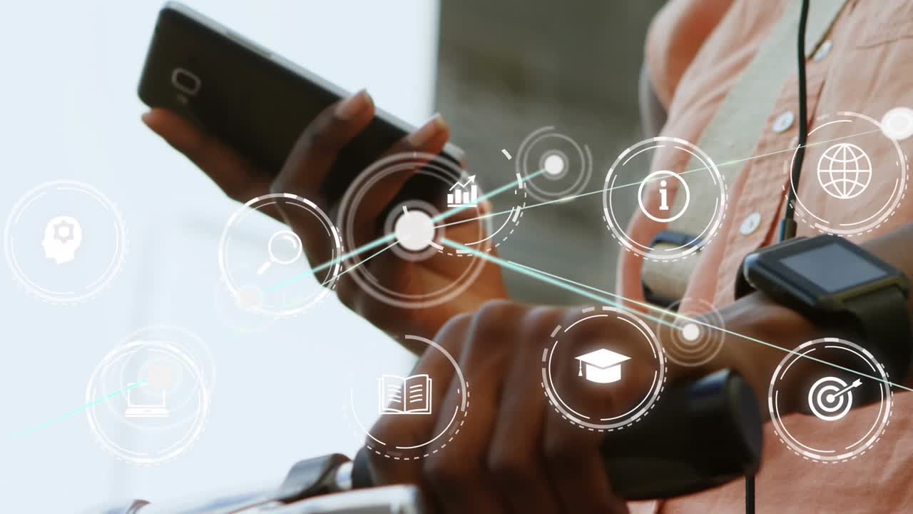 Animerede ikoner på sort baggrund symboliserer globale digitale forbindelser og fejring