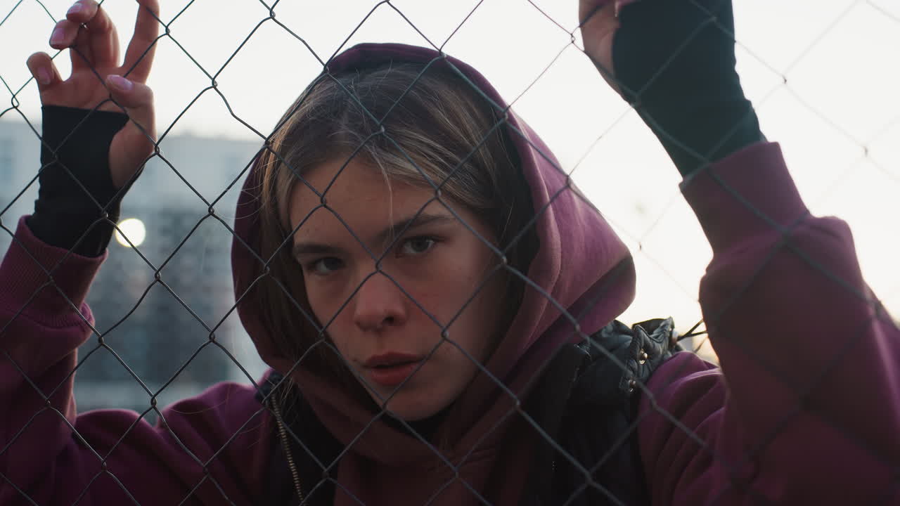 Wellness advocate in maroon hoodie leans against chain link fence with hands gripping wire, eyes closed in restful pause after intense outdoor workout at dusk against urban skyline backdrop