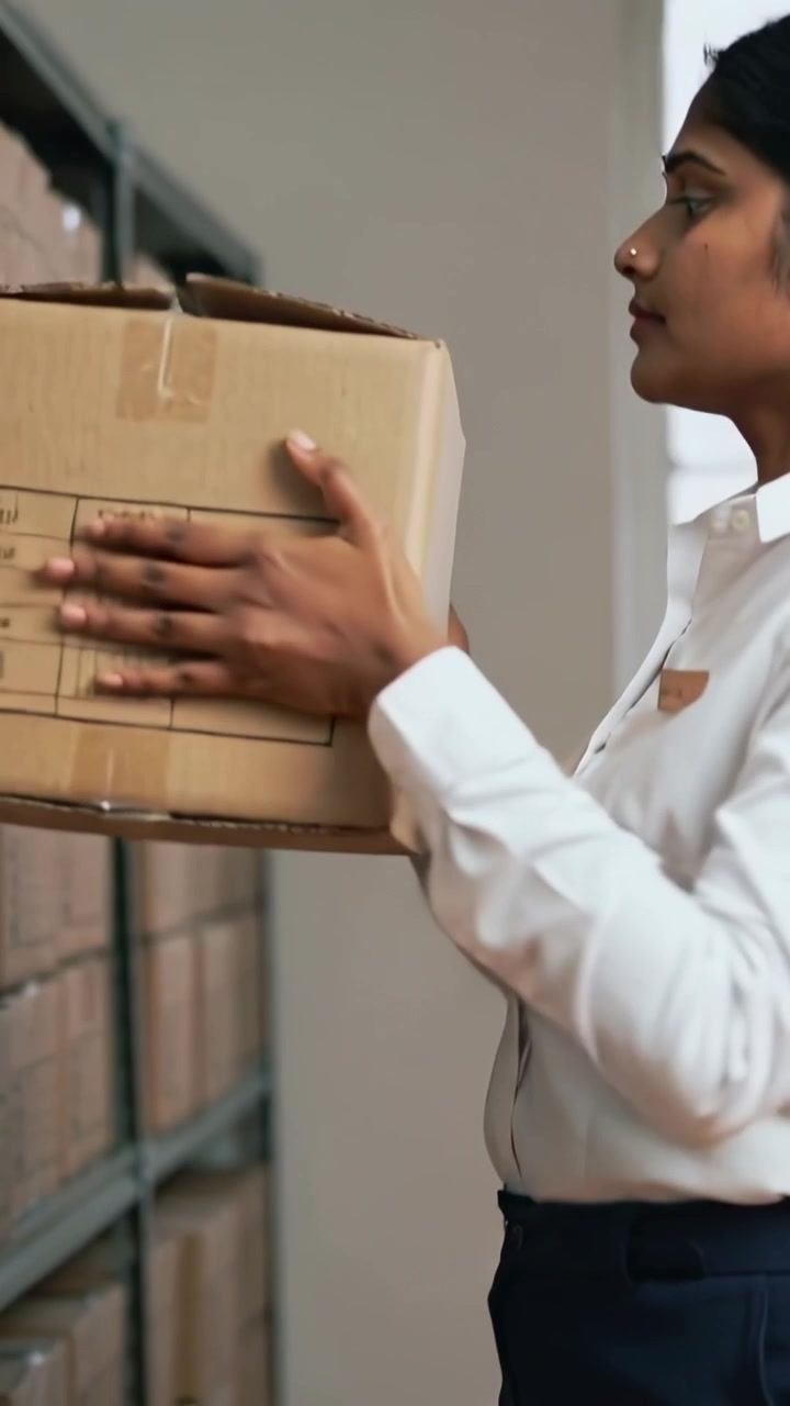 Video verticale: In stato di allerta, impiegato con camicia bianca e pantaloni in magazzino che posiziona una scatola sullo scaffale per il riassortimento.
