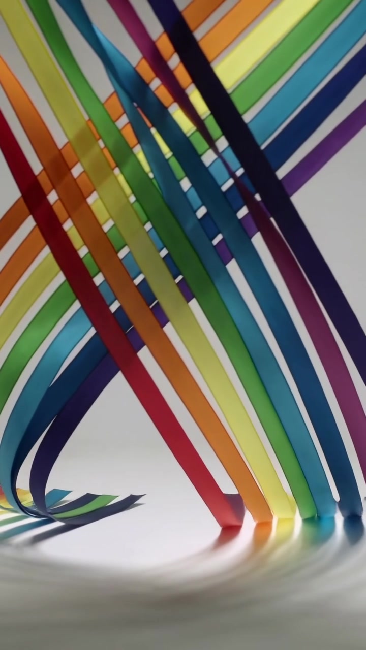 Vertikales Video: Schwenkende Kamera auf sich bewegende, sich überkreuzende Regenbogenbänder, die Schatten auf einen Hintergrund werfen.