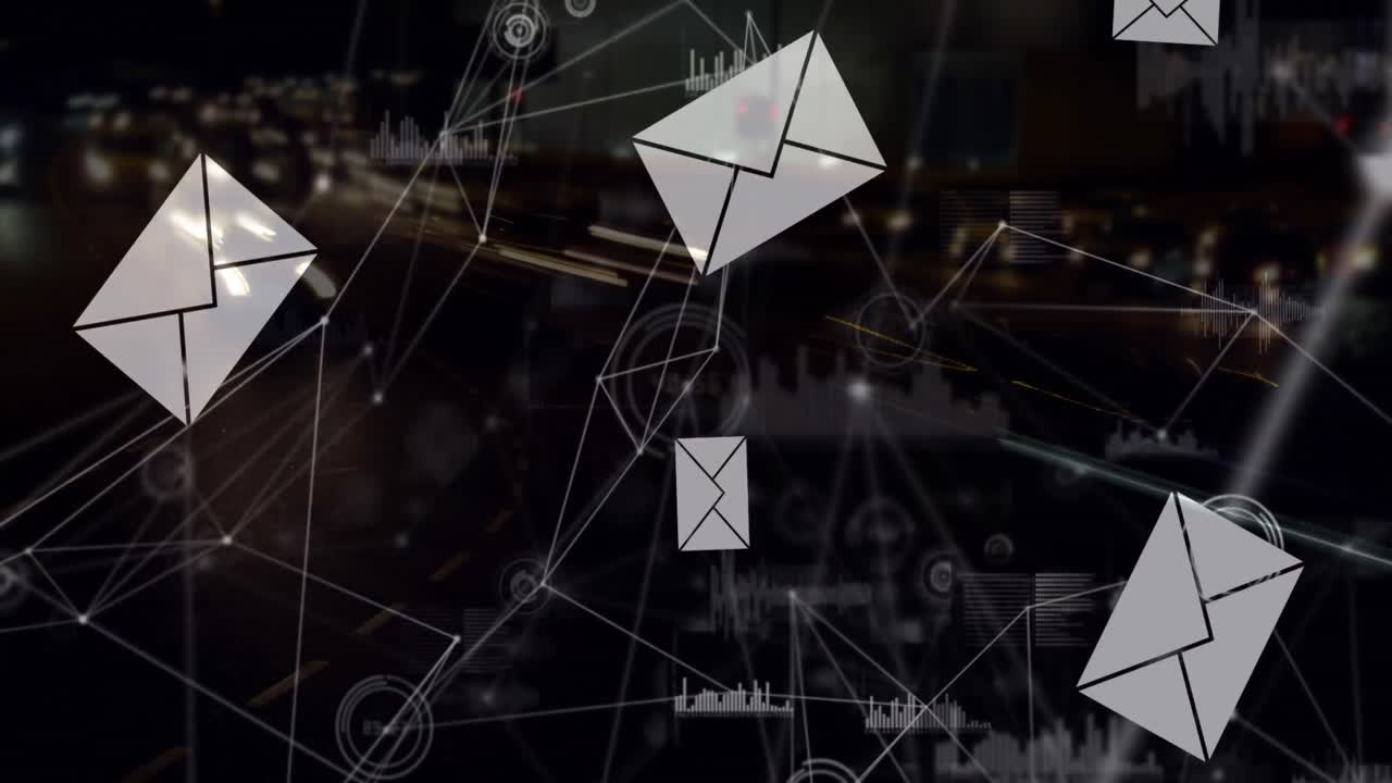 animación de la envoltura que cae, puntos conectados e iconos gráficos sobre el lapso de tiempo de los vehículos en movimiento