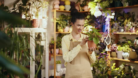 woman examining a plant in a plant shop