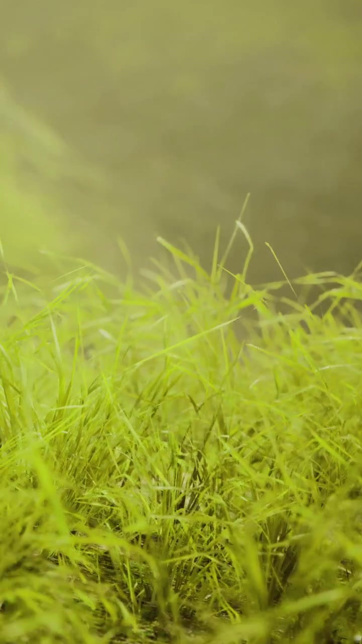 Erba verde lussureggiante ondeggia dolcemente sotto il sole caldo vicino a uno specchio d'acqua sereno.
