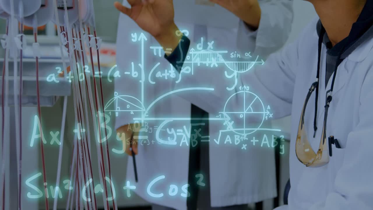 두 인종의 의사들이 일을 논의하는 수학 방정식의 애니메이션