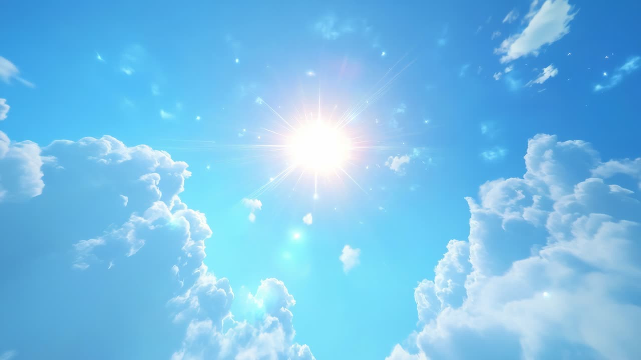 A stunning upward angle captures the bright sun amidst fluffy clouds in a vibrant blue sky, perfect