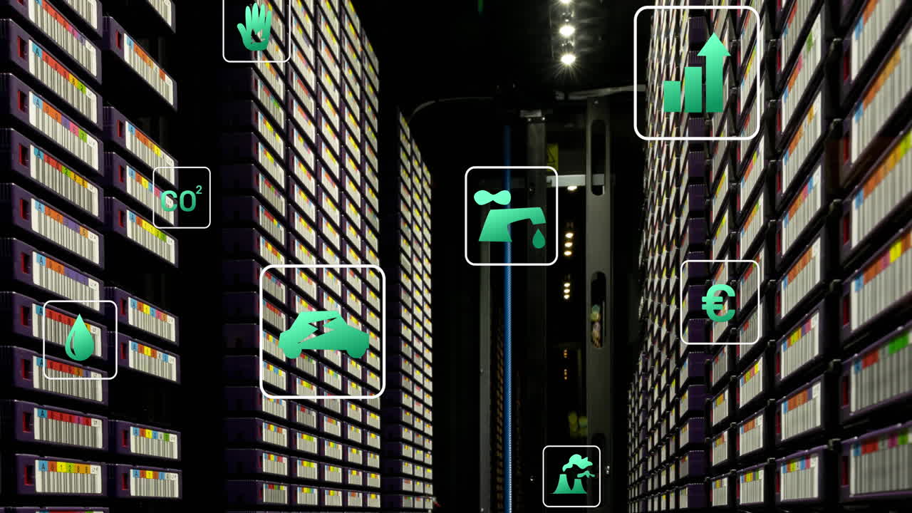 animación de iconos de tecnología verde que se mueven sobre la sala del servidor de datos