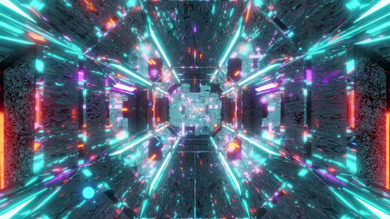 corredor de túnel futurista de ciencia ficción con esferas voladoras brillantes partículas ilustración 3d movimiento fondo papel tapiz en vivo club de diseño gráfico bucle de vj visual