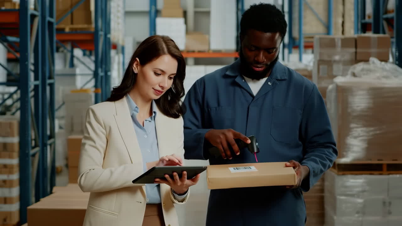 Warehouse Workers Scanning Packages for Inventory and Shipping
