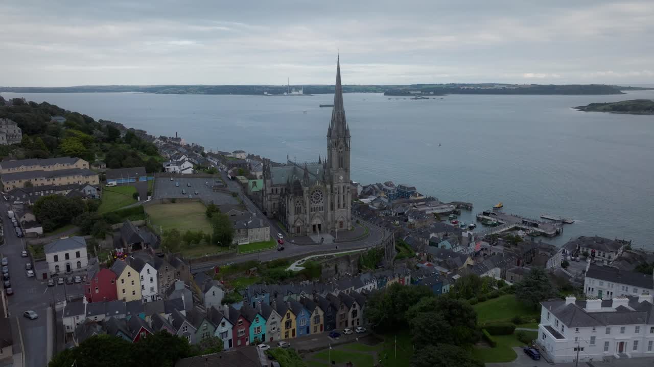 St Colman&rsquo;s Cathedral Cobh Aerial View Deck of Cards Colourful Houses Wide 02