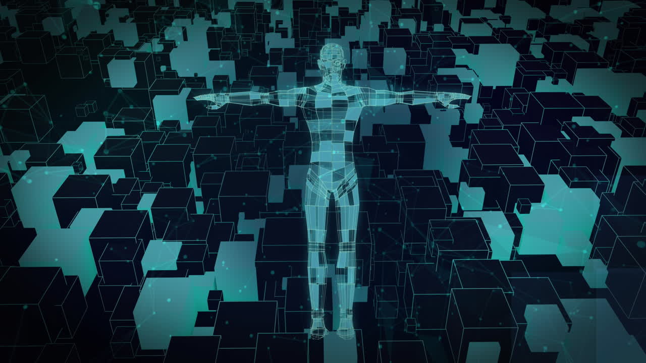 Animation of shapes and digital human over black background