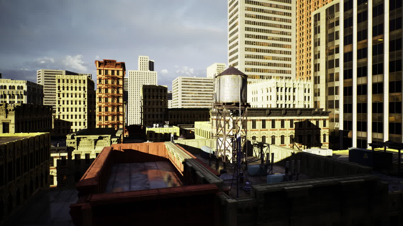 Urban skyline featuring modern buildings and rooftop details in a city