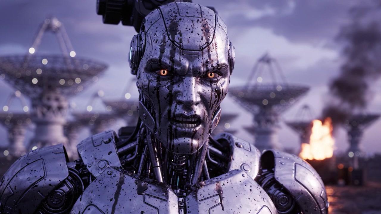 Un robot humanoïde futuriste se dresse de manière proéminente au milieu de grandes antennes paraboliques, présentant une technologie avancée et un design cybernétique avec des détails mécaniques vifs.
