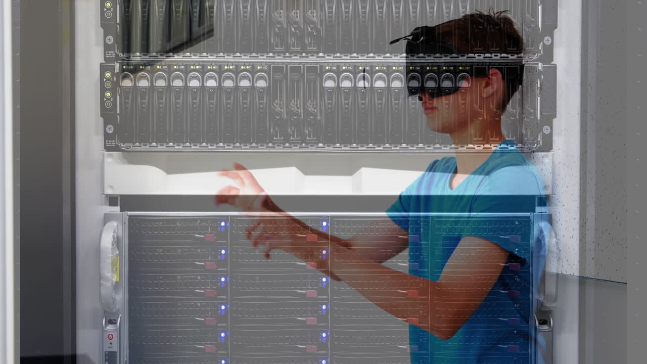 animación de un servidor de computadora sobre un escolar que usa auriculares vr
