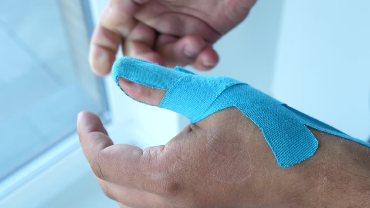 hombre quitando cinta de kinesiología de su pulgar