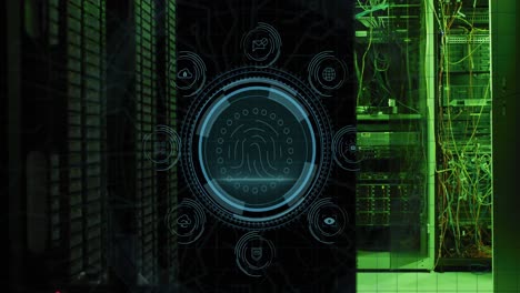 animación de iconos digitales y escáner biométrico de huellas dactilares contra la sala de servidores de computadoras