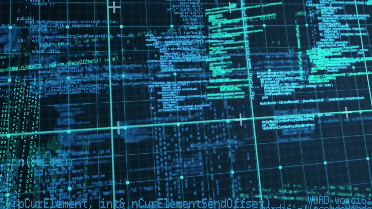 Animation of data processing over grid network against blue background