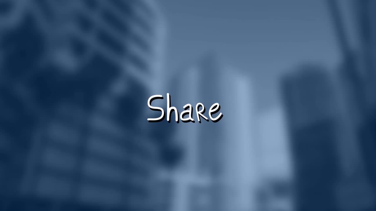 Animation of share text with arrows over out of focus cityscape