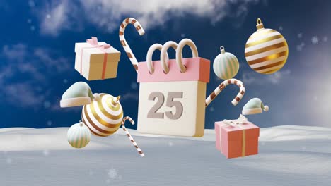 animation of calendar with 25 number date and christmas decorations