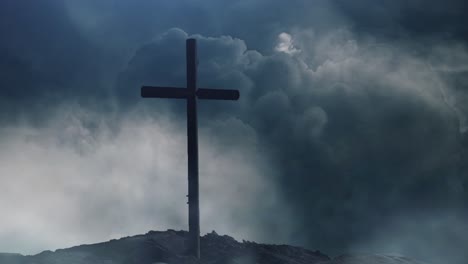 cross on the background of dark clouds and flashing lightning, thunderstorm