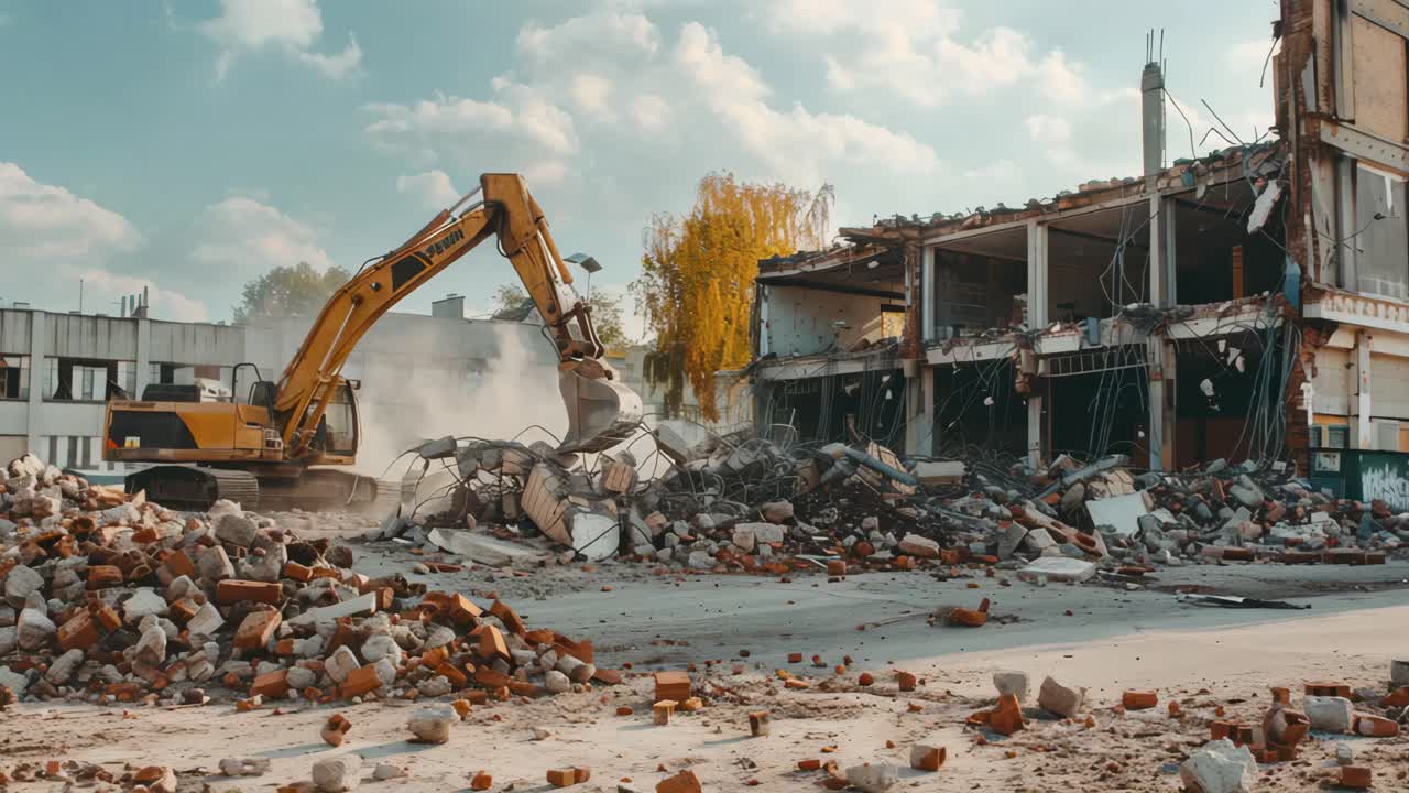 Demolition of a building with excavator