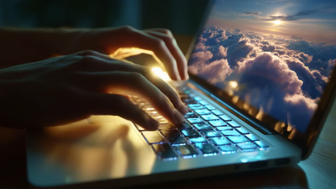 Exploring Creativity and Imagination Through Digital Interaction: A Close-Up of Hands Typing on a Laptop While an Inspiring Cloudscape Appears on the Screen, Representing Ideas and Innovation