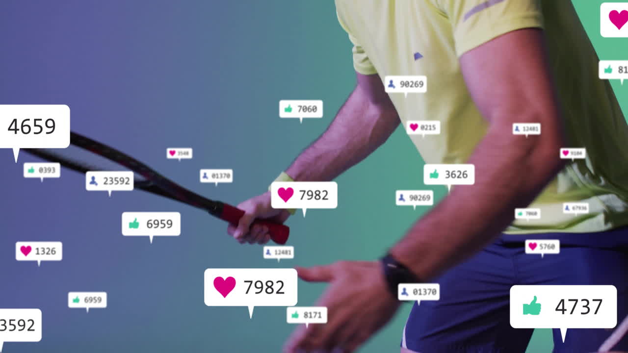 Male tennis player swinging racket in marketing set, showing social media like and follower icons