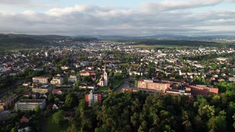 aerial view of a town with a church and forest