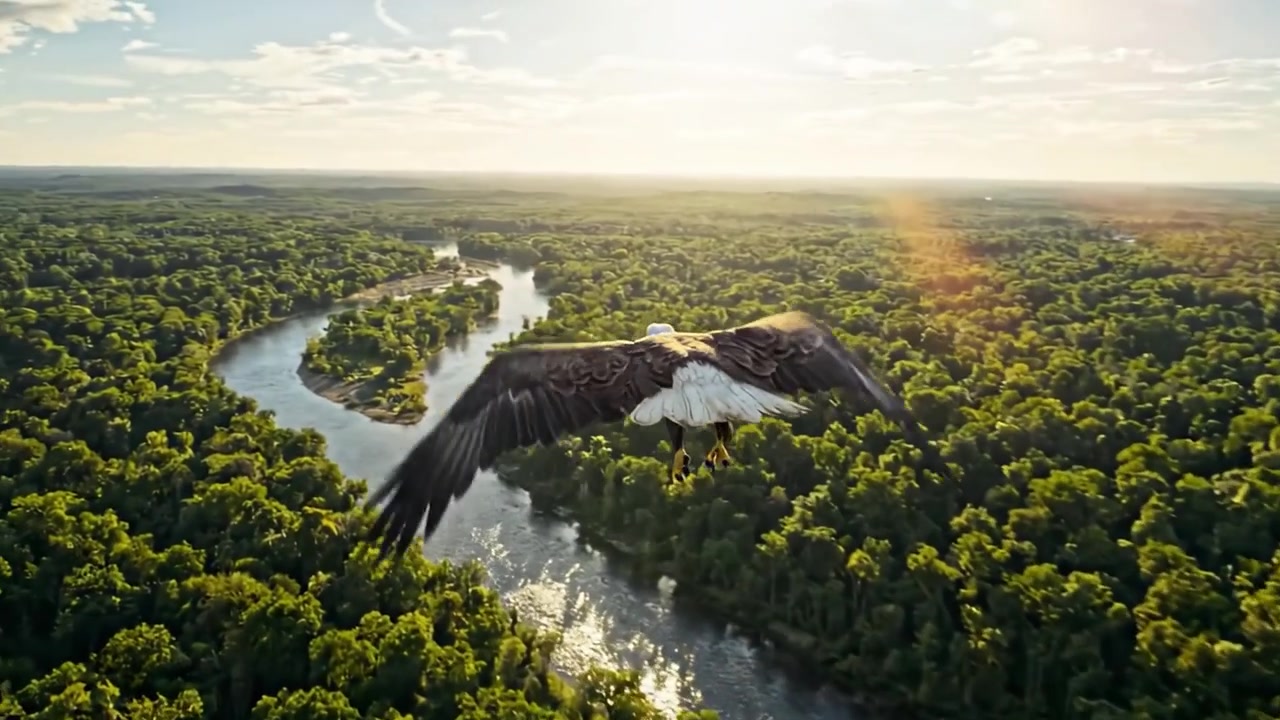 En majestätisk örn svävar över frodiga gröna skogar och slingrande floder, som fångar naturens skönhet från ett unikt flygperspektiv i två fantastiska bilder