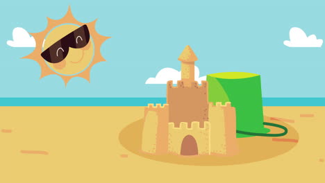 beach scene with sandcastle and sun