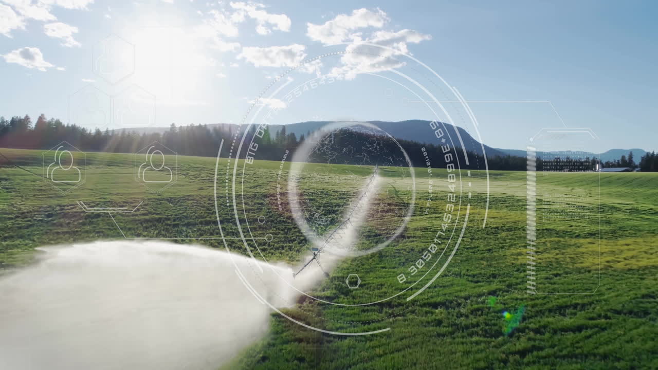 Spraying crops with drone, digital interface overlay showing in field