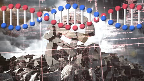 data processing and dna structure spinning over broken euro currency symbol against sky