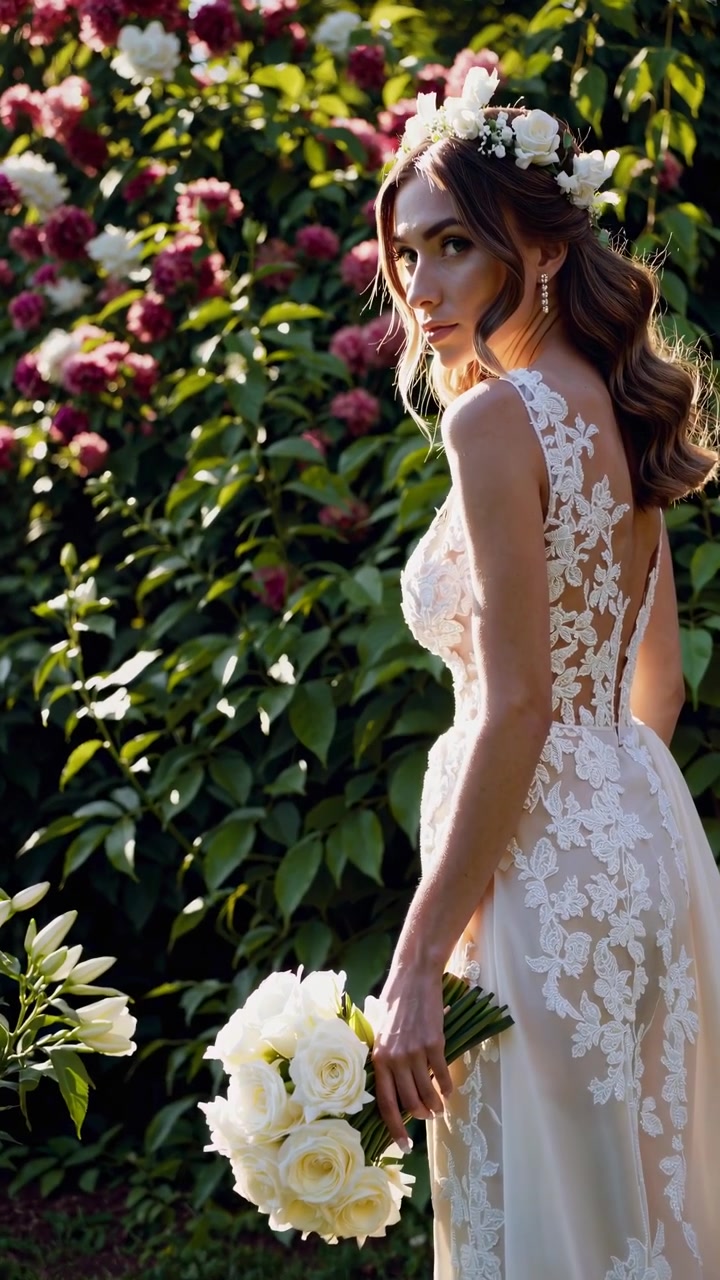 Bella sposa in abito da sposa di pizzo in piedi in un giardino.