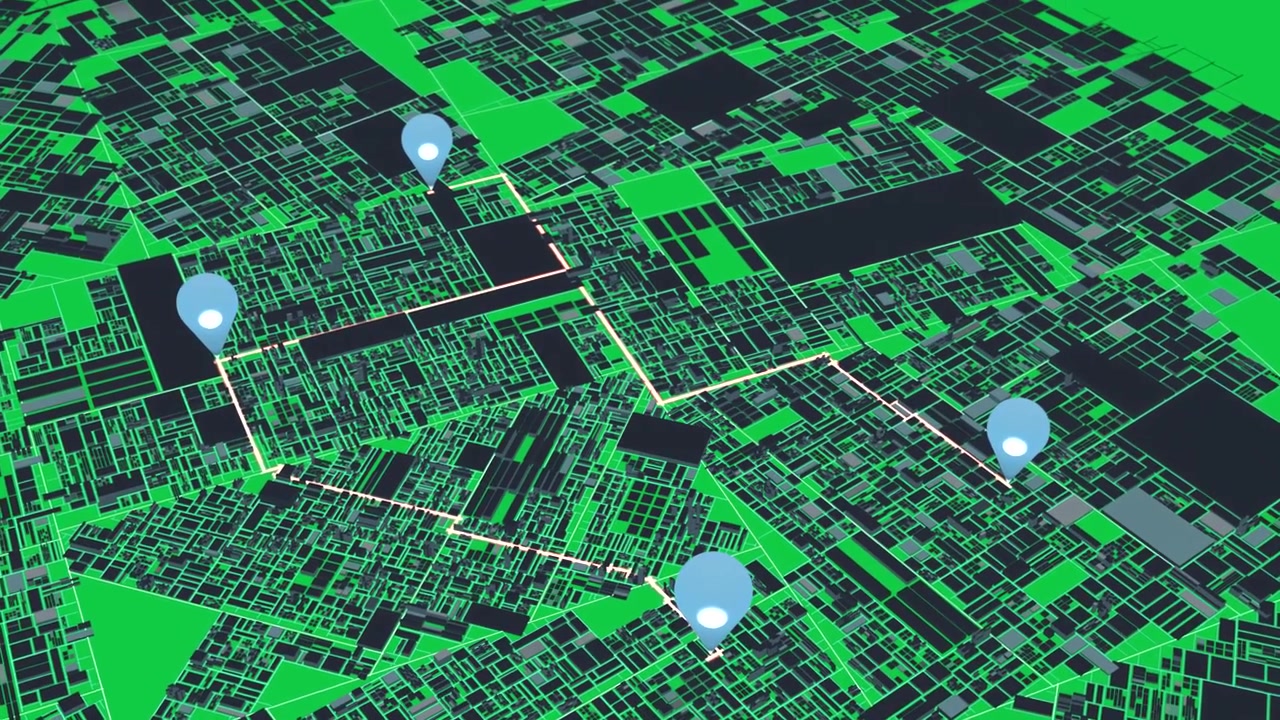 Blue pin appearing, drawing red route across cyan grid, transparent bg, panning, showing navigation