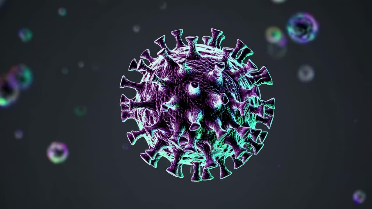A 3D rendering of a virus with vibrant colors, viewed from a frontal angle, resembling a scientific