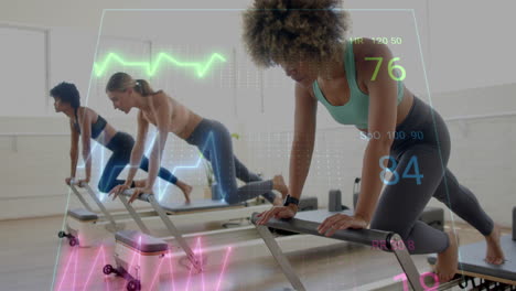 heart rate and fitness data animation over women exercising on reformer machines