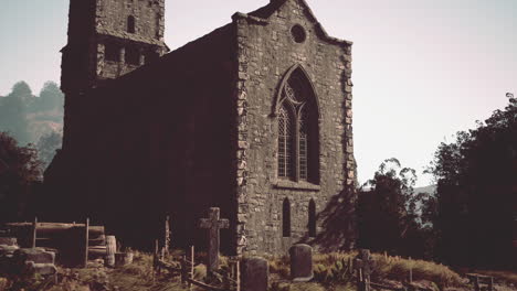 old stone church ruins in a foggy forest