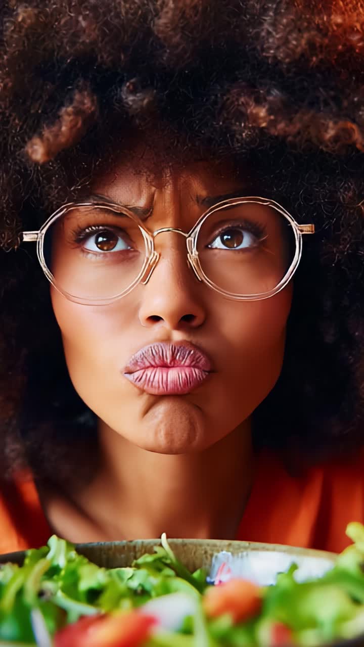 Woman with curly hair and glasses looks discontentedly at a bowl of salad, expressing emotions through her facial expressions while contemplating healthy eating choices