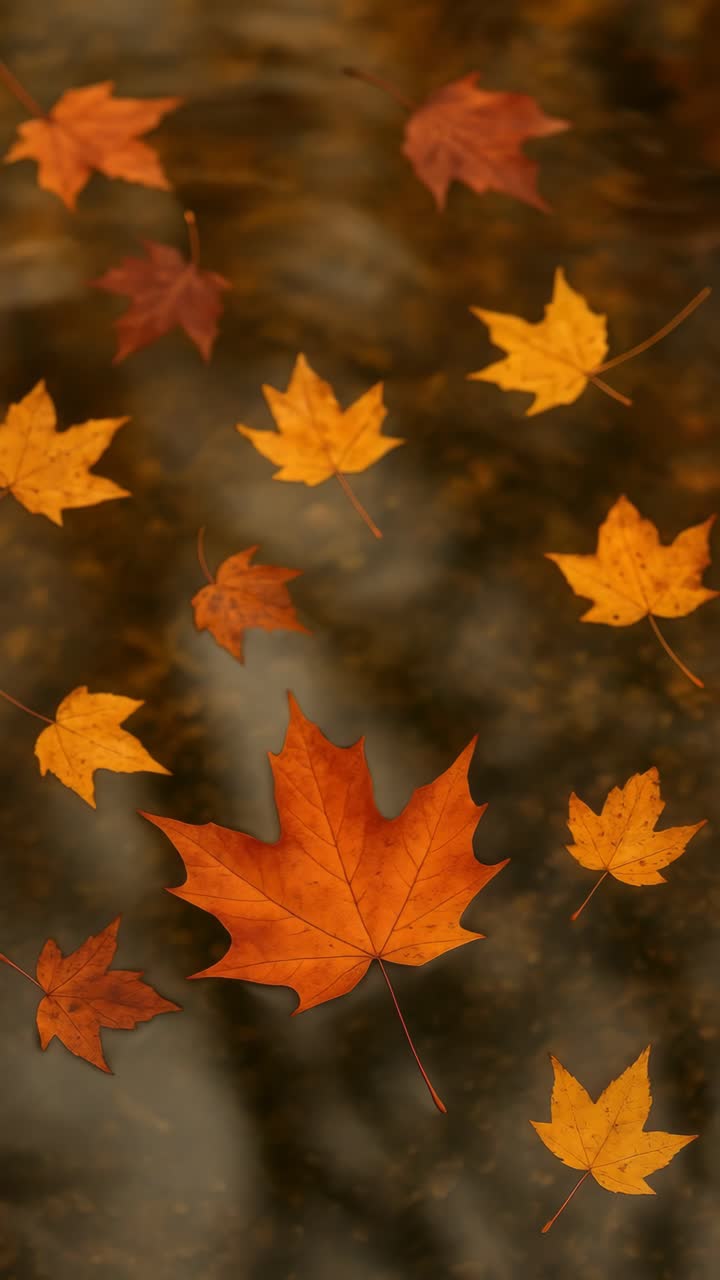 Top-down video shot of autumn leaves floating on rippling water, capturing the serene essence