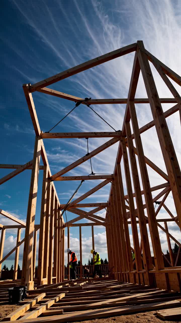 Low-angle shot of a wooden house frame under construction, capturing workers and a vibrant sky