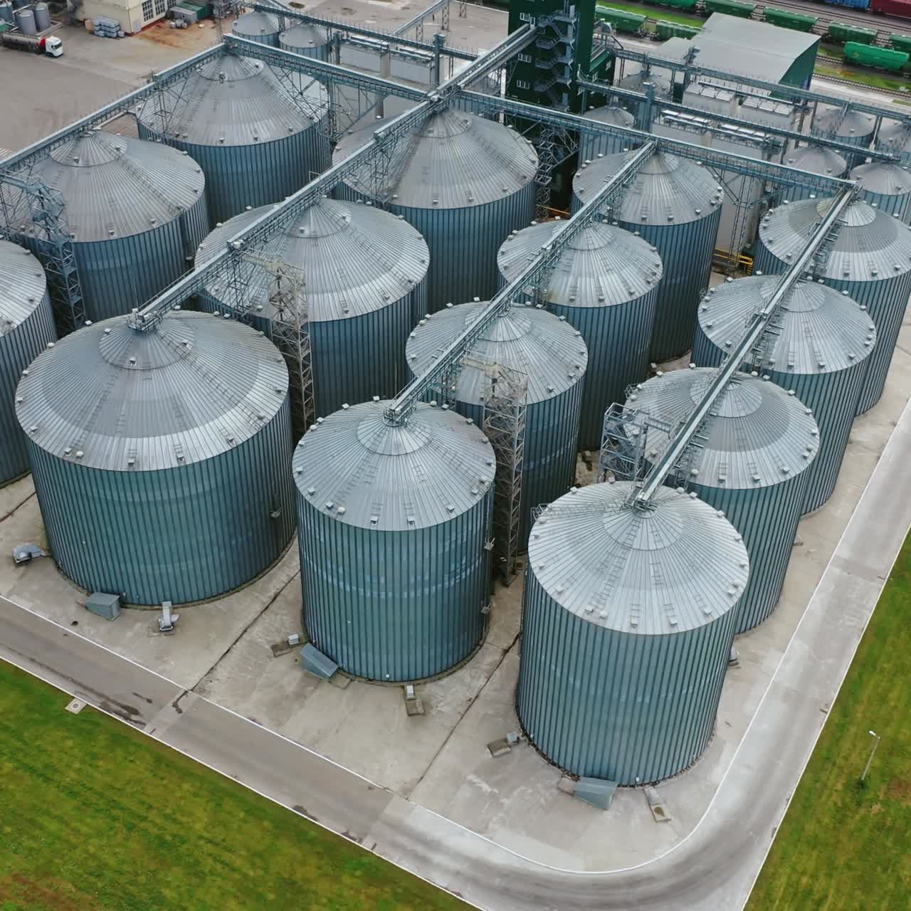 Aerial view of grain elevators