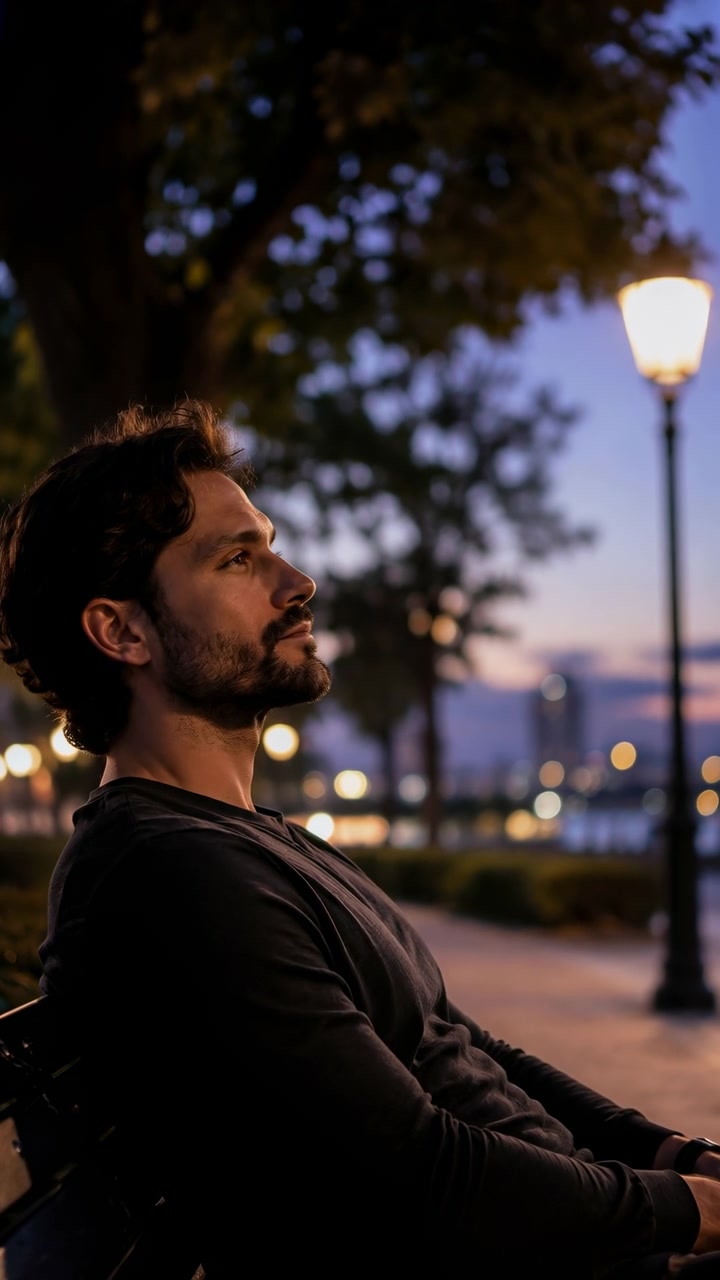Vista laterale di un uomo barbuto seduto su una panchina consumata vicino a un tranquillo sentiero lungomare al crepuscolo, circondato da alberi, riflessi tenui, bagliore urbano e un'atmosfera serale pacifica, con l'uomo, la barba e la panchina in evidenza.