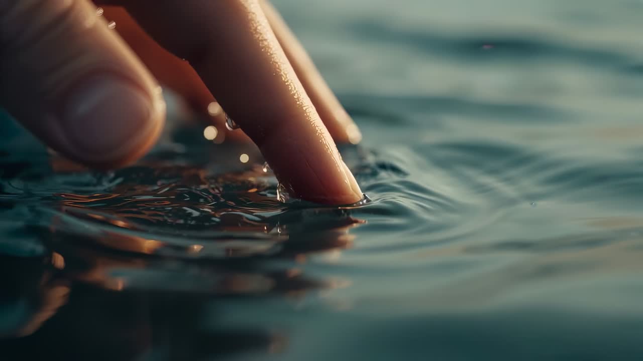 Mano destra che allunga le dita premendo sull'acqua all'alba, creando increspature e luce, spazio per il testo