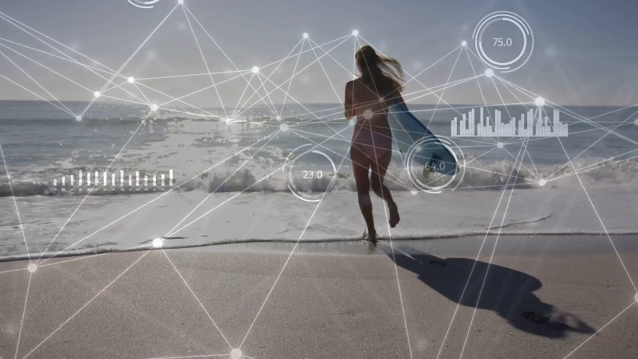 Woman Running on Beach with Surfboard and Digital Network Overlay