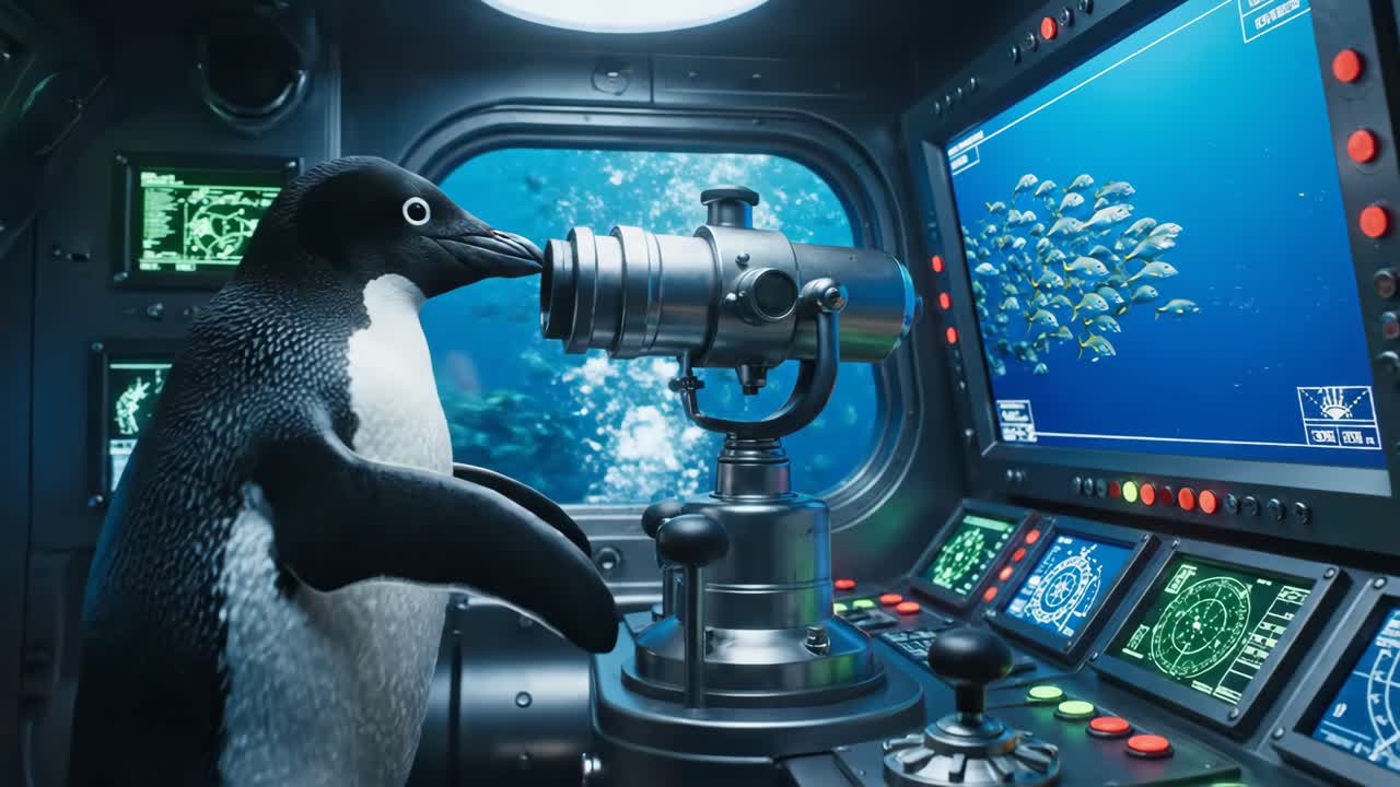 Penguin piloting a submarine